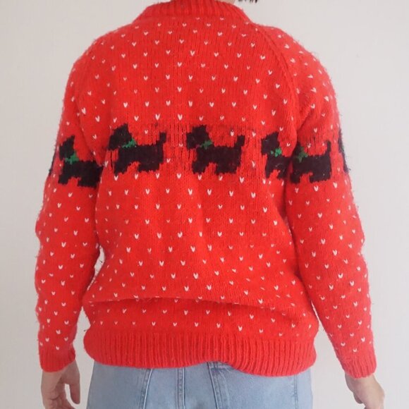 Handmade Red Knit with Black Scottish Terrier 100% Wool Mock Neck Sweater M - Picture 3 of 12